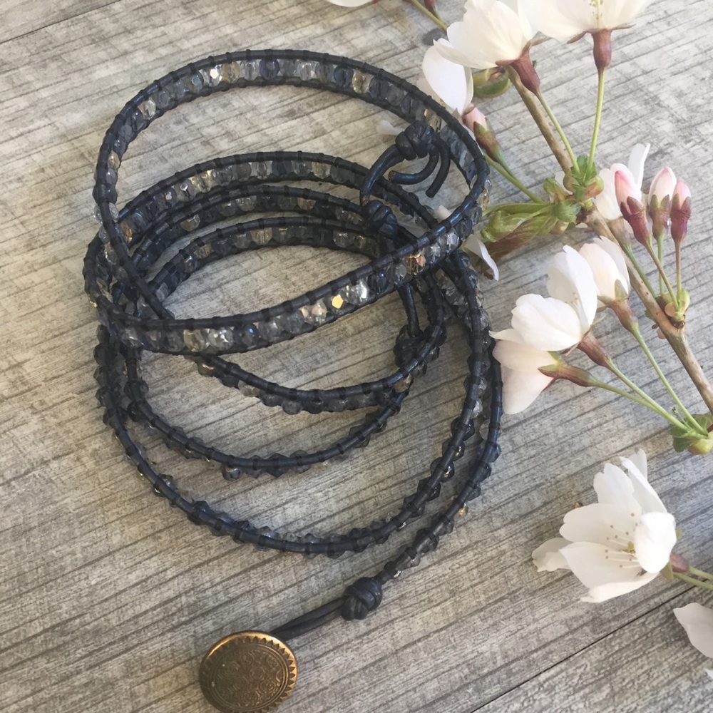 Leather and crystal 5 wrap bracelet